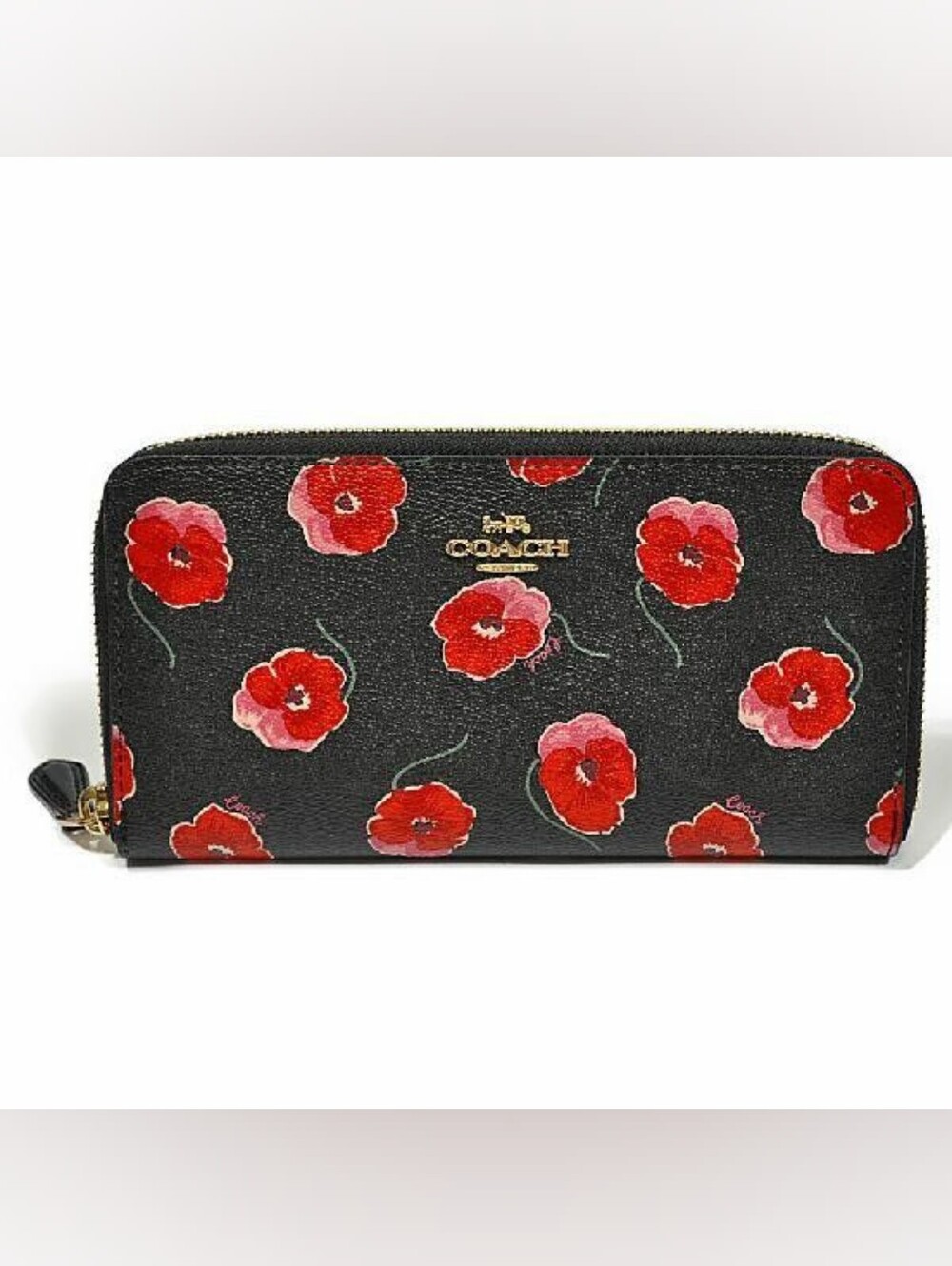 Coach Black, Red & Pink Poppy Flower Leather Long Zip Around Wallet NWOT